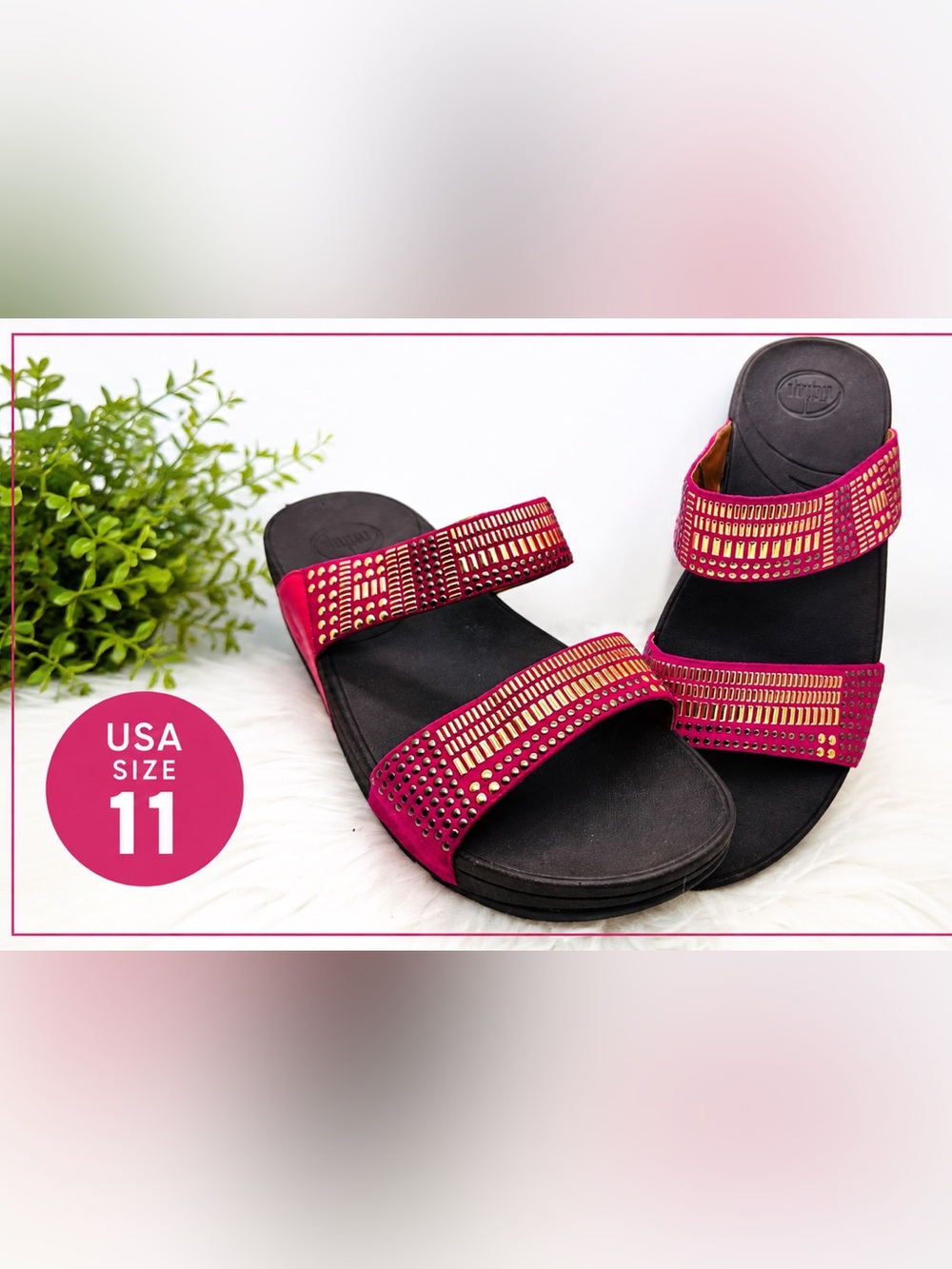 FitFlop Women’s Aztek Chada Slide Flip Flop – Pink & Gold size 11 comfort
